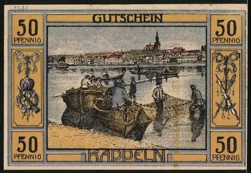 Notgeld Kappeln 1920, 50 Pfennig, Wappen und Fischerboote am Wasser, Stadtansicht im Hintergrund