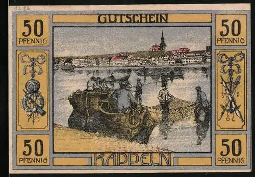 Notgeld Kappeln, 1920, 50 Pfennig, Fischer mit Netz und Stadtansicht, Stadtwappen und Text