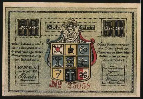 Notgeld Kappeln, 1920, 50 Pfennig, Fischer mit Netz und Stadtansicht, Stadtwappen und Text