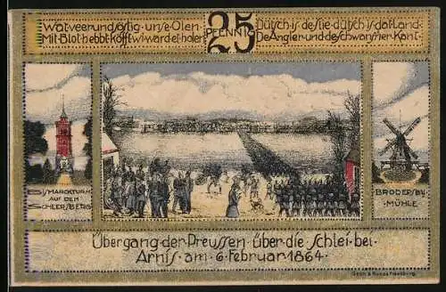 Notgeld Kappeln, 1920, 25 Pfennig, Übergang der Preussen über die Schlei bei Arnis am 6. Februar 1864