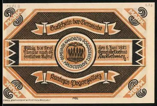 Notgeld Kandrzin-Pogorzelletz 1921, 3 Mark, Gutschein der Gemeinde mit Kirche und Inschrift