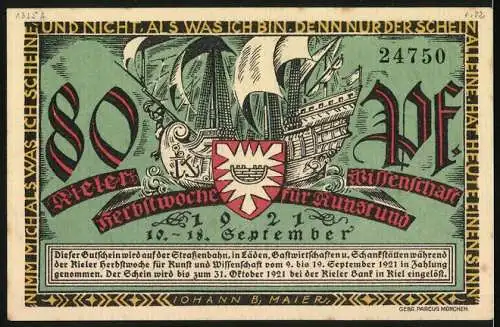 Notgeld Kiel 1921, 80 Pf, Herbstwoche für Kunst und Wissenschaft, Segelschiff und Stadtleben Szenen