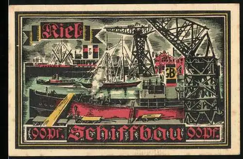 Notgeld Kiel, 1921, 90 Pf, Herbstwoche für Kunst und Wissenschaft mit Schiffbau- und Hafenszene