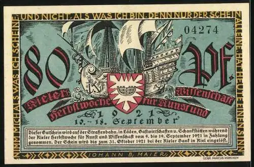 Notgeld Kiel 1921, 80 Pfennig, Kieler Herbstwoche für Kunst und Wissenschaft mit historischen Szenen