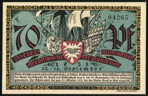 Notgeld Kiel, 1921, 70 Pfennig, Die alten Speicher und Herbstwoche für Kunst und Wissenschaft