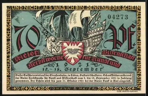 Notgeld Kiel, 1921, 70 Pf, Stadtansicht und Segelschiff