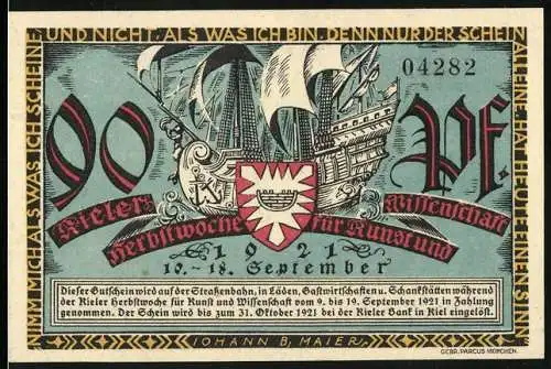 Notgeld Kiel 1921, 90 Pf, Herbstwoche für Kunst und Wissenschaft, Schiffsbaumotiv, Seriennummer 04282