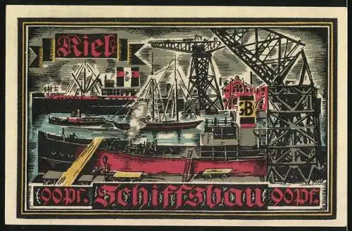 Notgeld Kiel 1921, 90 Pf, Herbstwoche für Kunst und Wissenschaft, Schiffsbaumotiv, Seriennummer 04282