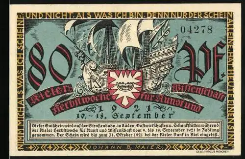 Notgeld Kiel 1921, 80 Pfennig, Herbstwoche für Kunst und Wissenschaft mit Schiff und Wappen, Gründer der Universität