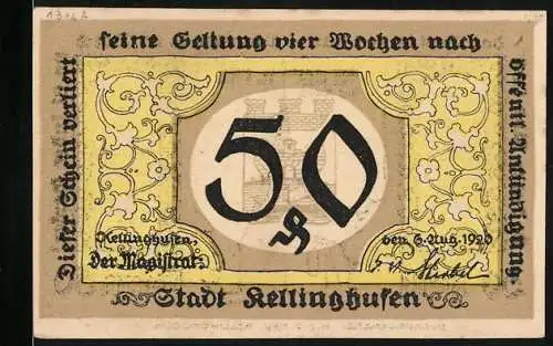 Notgeld Kellinghusen, 1921, 50 Pfennig, Gelbe Verzierung mit Burg und Kirche im Hintergrund