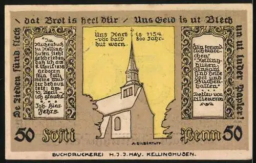 Notgeld Kellinghusen, 1921, 50 Pfennig, Gelbe Verzierung mit Burg und Kirche im Hintergrund