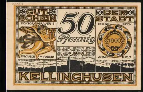 Notgeld Kellinghusen, 1921, 50 Pfennig, Stadtwappen und Engel mit Kelch, Fayance Fabrik, Gültigkeitshinweise