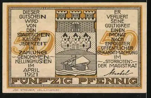 Notgeld Kellinghusen, 1921, 50 Pfennig, Stadtwappen und Engel mit Kelch, Fayance Fabrik, Gültigkeitshinweise