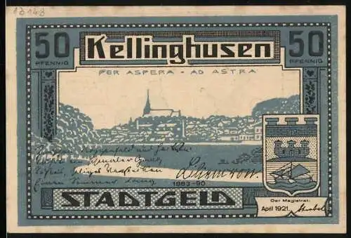 Notgeld Kellinghusen 1921, 50 Pfennig, Stadtansicht und Karikatur Leewer Dod As Slav