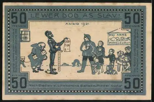 Notgeld Kellinghusen 1921, 50 Pfennig, Stadtansicht und Karikatur Leewer Dod As Slav