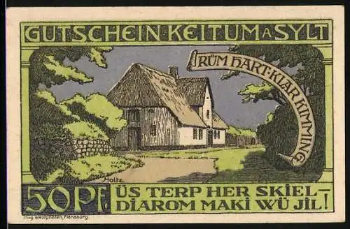 Notgeld Keitum auf Sylt, 1920, 50 Pfennig, Haus mit Reetdach und Fisch-Motiv, Gültigkeit 1 Monat nach Bekanntmachung