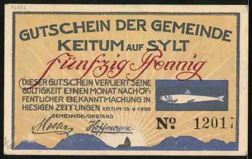 Notgeld Keitum auf Sylt, 1920, 50 Pfennig, Haus mit Reetdach und Fisch-Motiv, Gültigkeit 1 Monat nach Bekanntmachung