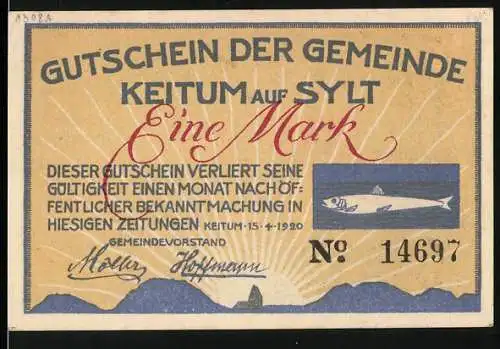 Notgeld Keitum auf Sylt, 1920, Eine Mark, Gutschein der Gemeinde mit Fischmotiv und traditioneller Kleidung