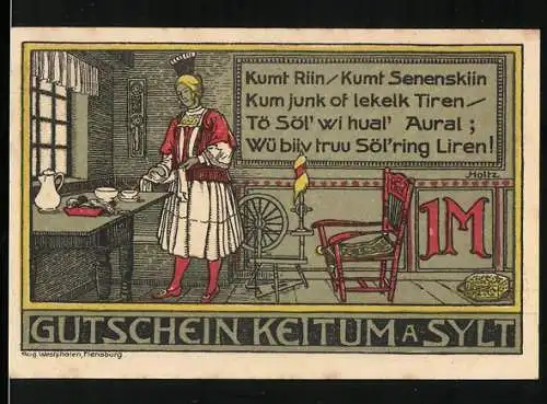 Notgeld Keitum a. Sylt, 1920, 1 Mark, Frau in Tracht und Fischmotiv, Gutschein Gemeinde Keitum