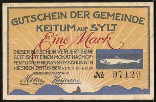 Notgeld Keitum a. Sylt, 1920, 1 Mark, Frau in Tracht und Fischmotiv, Gutschein Gemeinde Keitum