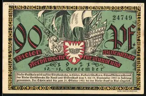 Notgeld Kiel, 1921, 50 Pf, Kieler Herbstwoche für Kunst und Wissenschaft, Kieler Sprotten, Schiffe und Fische