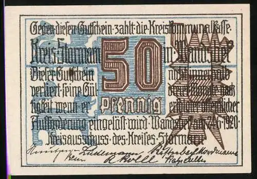 Notgeld Stormarn 1920, 50 Pfennig, Vorderseite Schriftzug und Unterschriften, Rückseite ländliche Szene