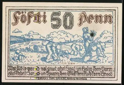 Notgeld Stormarn 1920, 50 Pfennig, Vorderseite Schriftzug und Unterschriften, Rückseite ländliche Szene