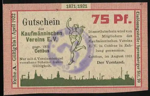 Notgeld Cottbus 1921, 75 Pf, Kaufmännischer Verein E.V. Gutschein, Reihe A, Gültig bis April 1922, lila Stempel