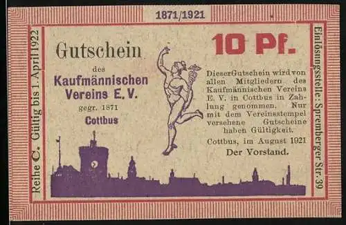 Notgeld Cottbus, 1921, 10 Pf, Gutschein des Kaufmännischen Vereins E.V. Cottbus mit Vereinsstempel