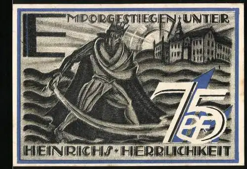 Notgeld Gera-Reuss 1921, 75 Pf, Krieger mit Schwert und Schloss, Rückseite 75 PF im dekorativen Rahmen