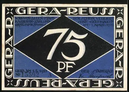 Notgeld Gera-Reuss 1921, 75 Pf, Krieger mit Schwert und Schloss, Rückseite 75 PF im dekorativen Rahmen