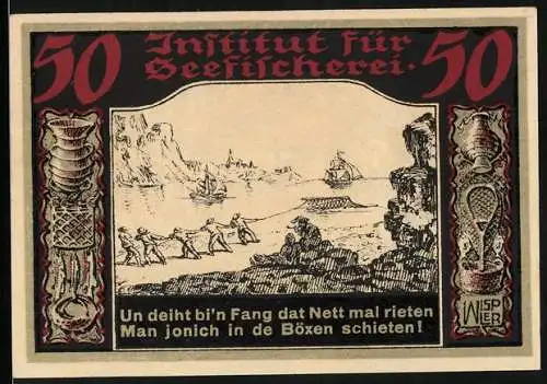 Notgeld Geestemünde, 1921, 50 Pfennig, Institut für Seefischerei, Fischerei-Szene und Wappen