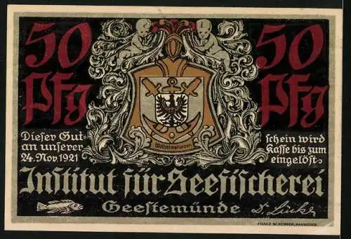 Notgeld Geestemünde, 1921, 50 Pfennig, Institut für Seefischerei, Fischerei-Szene und Wappen