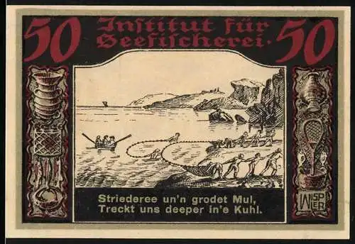 Notgeld Geestemünde 1921, 50 Pfennig, Institut für Seefischerei, Fischer ziehen Netz an Land, Stadtwappen mit zwei Eng