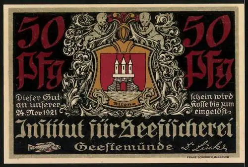 Notgeld Geestemünde 1921, 50 Pfennig, Institut für Seefischerei, Fischer ziehen Netz an Land, Stadtwappen mit zwei Eng