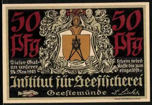 Notgeld Geestemünde 1921, 50 Pfennig, Institut für Seefischerei mit Stadtwappen und Hafenansicht