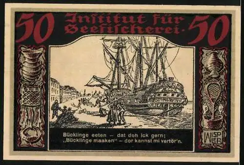 Notgeld Geestemünde 1921, 50 Pfennig, Institut für Seefischerei mit Stadtwappen und Hafenansicht