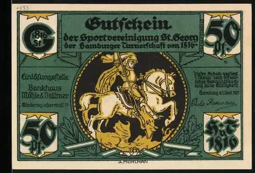 Notgeld Hamburg, 1921, 50 Pf, Gutschein der Sportvereinigung St. Georg mit Reiter und Bootsfahrt-Szene