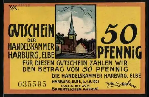 Notgeld Harburg / Elbe 1921, 50 Pfennig, Handelskammer Gutschein mit Schlossansicht von 1850