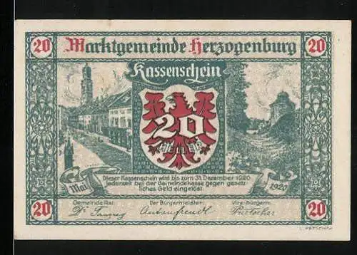 Notgeld Herzogenburg 1920, 20 Heller, Kassenschein der Marktgemeinde mit Stadtansicht und Wappen