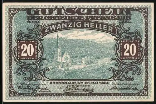 Notgeld Pressbaum, 1920, 20 Heller, Gutschein der Gemeinde mit Stadtansicht und Text auf Rückseite