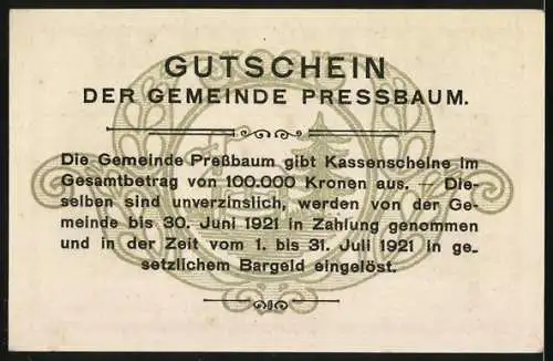 Notgeld Pressbaum, 1920, 20 Heller, Gutschein der Gemeinde mit Stadtansicht und Text auf Rückseite