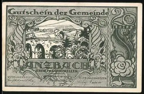 Notgeld Anzbach 1920, 20 Heller, Gutschein der Gemeinde mit Landschaft und Brücke, 2. Auflage