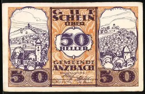 Notgeld Anzbach, 1920, 50 Heller, Gutschein der Gemeinde zur Linderung der Kleingeldnot