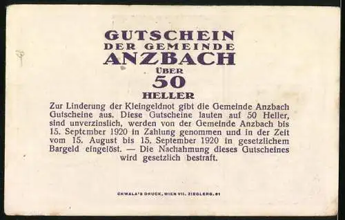 Notgeld Anzbach, 1920, 50 Heller, Gutschein der Gemeinde zur Linderung der Kleingeldnot