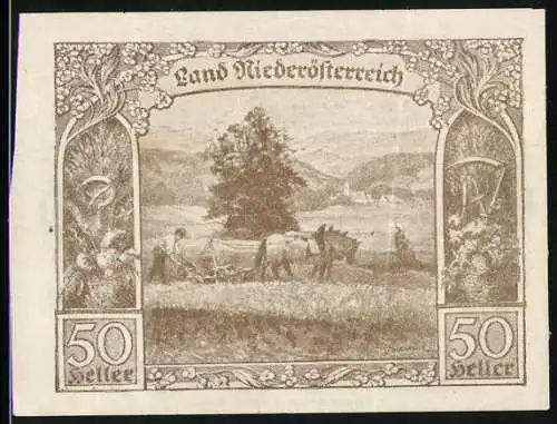 Notgeld Wien 1920, 50 Heller, Landwirtschaftliche Szene mit Pferd und Kutsche