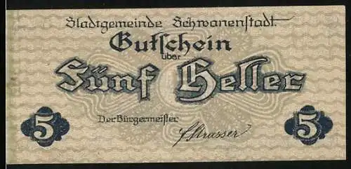 Notgeld Schwanenstadt 1920, 5 Heller, Gutschein über Fünf Heller, Stadtszene und Berglandschaft