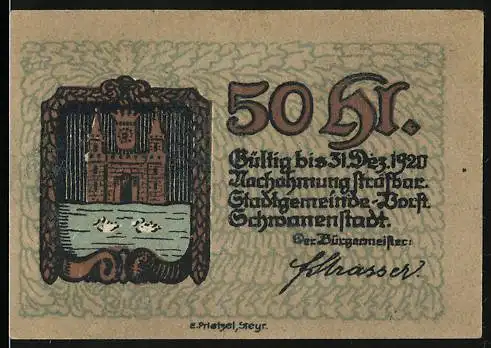 Notgeld Schwanenstadt 1920, 50 Heller, Stadtansicht und Burg mit Schwänen, gültig bis 31. Dez. 1920, signiert