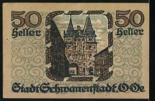 Notgeld Schwanenstadt 1920, 50 Heller, Stadtansicht und Burg mit Schwänen, gültig bis 31. Dez. 1920, signiert