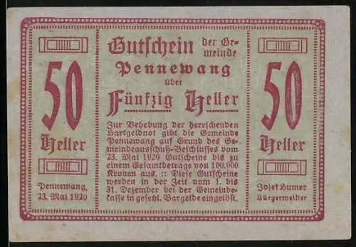 Notgeld Pennewang, 1920, 50 Heller, Gutschein der Gemeinde zur Behebung der herrschenden Geldnot